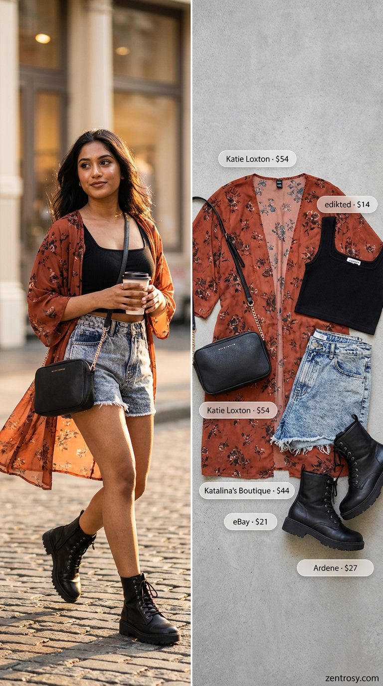 Edgy summer outfits for tall women 2026 featuring a black crop top, acid wash denim shorts, and a rust-printed kimono for a music festival look.