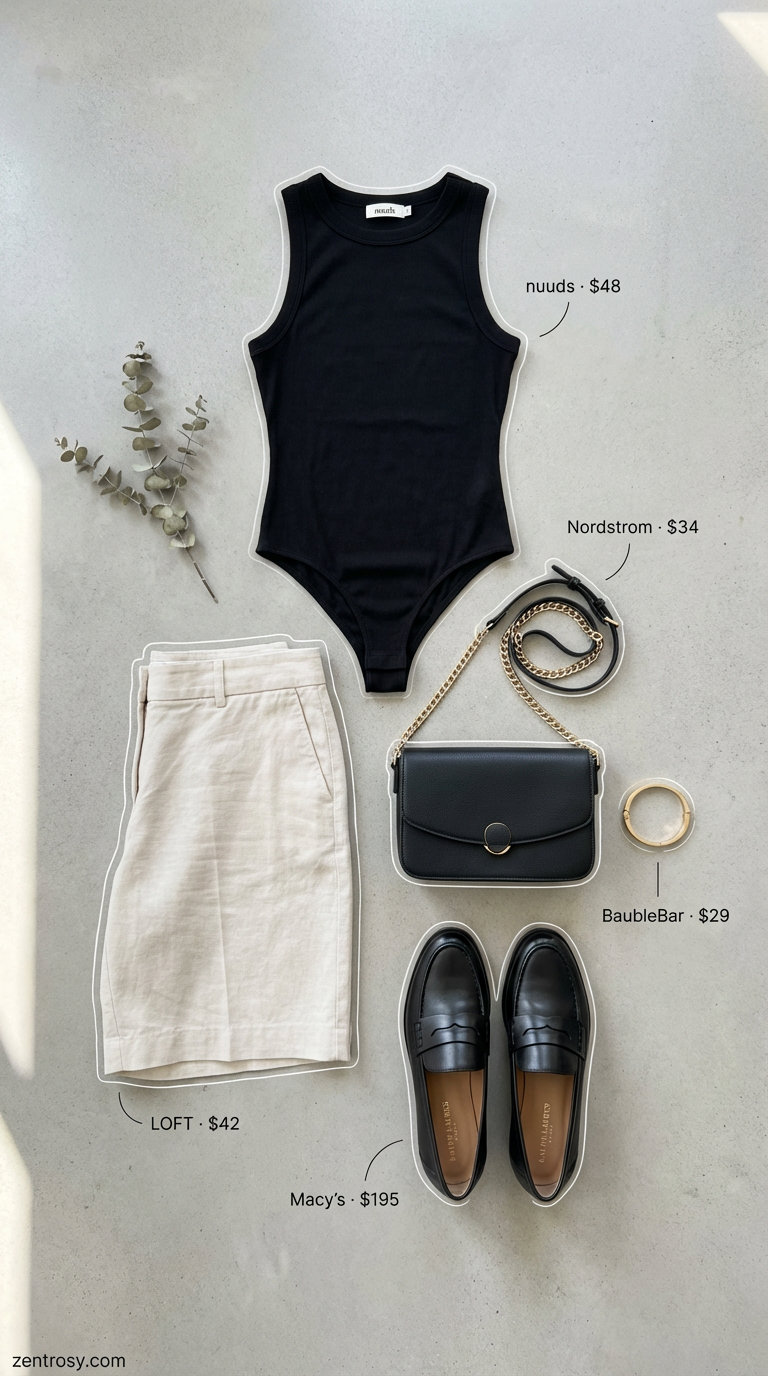 Polished summer outfits for tall women 2026 with black Bermuda shorts, a cream bodysuit, and leather loafers for a modern minimalist day out.