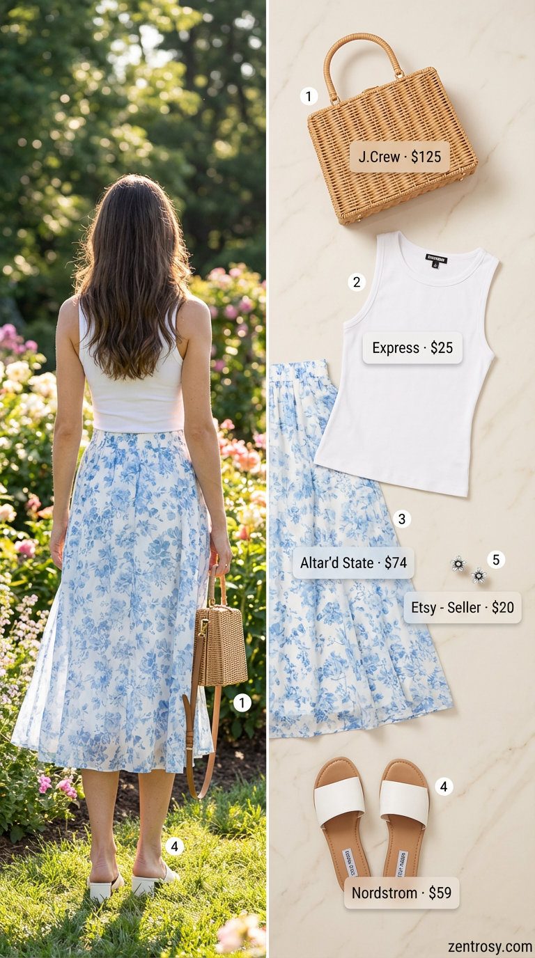 Feminine white tank top and floral A-line midi skirt, essential summer outfits for tall women. Paired with white slide sandals and a wicker bag for a lovely brunch or garden party look.