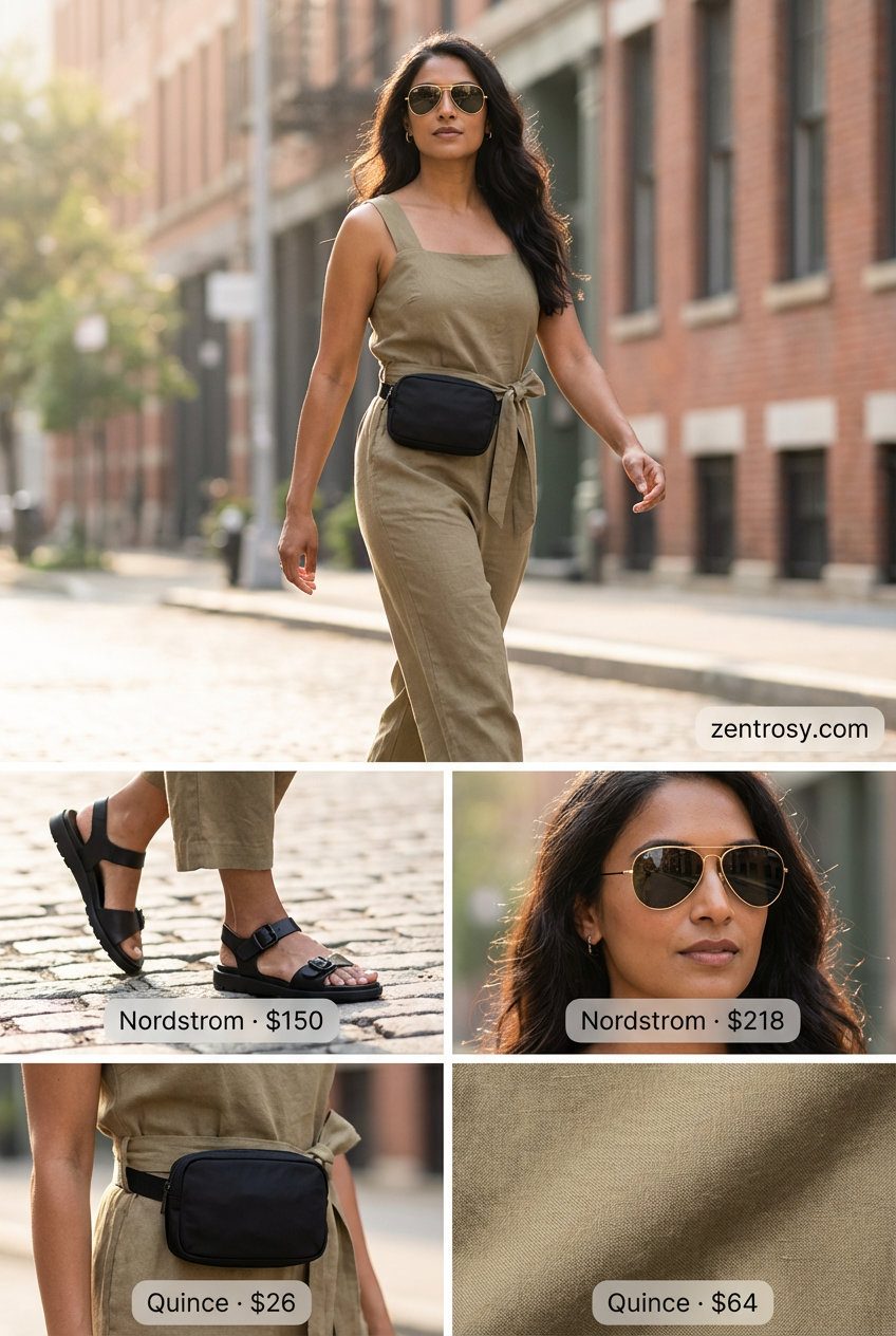 Chic khaki linen blend utility jumpsuit, practical summer outfits for tall women. Styled with black flat sandals, a black canvas belt bag, and gold aviator sunglasses for a stylish city safari adventure.