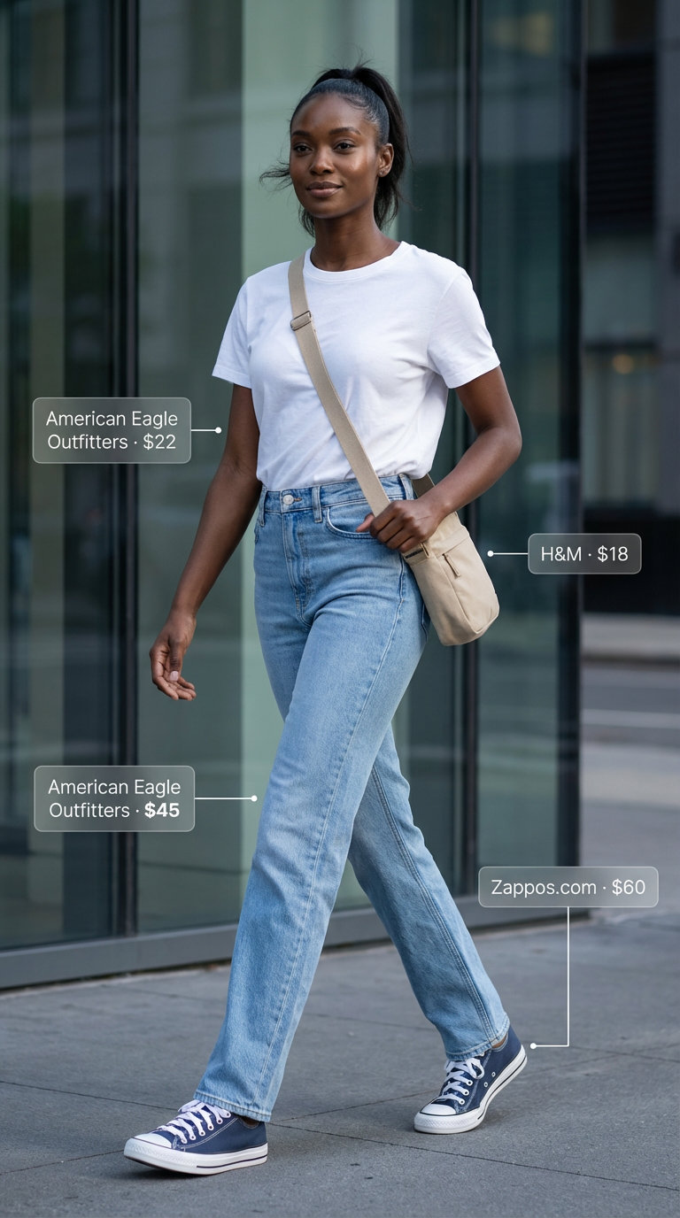 Relaxed light wash blue high-rise straight-leg jeans with a white t-shirt for casual summer outfits for tall women. Styled with navy canvas sneakers and a cream crossbody bag.
