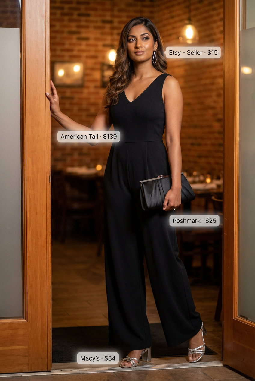 Sleek black wide-leg sleeveless jumpsuit for summer outfits for tall women, perfect for a refined cocktail party or date night. Complete with silver heels and a structured clutch.