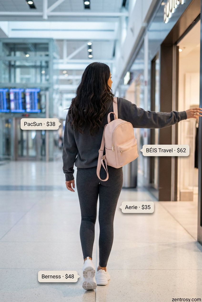 Sporty charcoal grey athletic leggings and a blush pink oversized hoodie for active summer outfits for tall women, perfect for travel or errands. Styled with chunky sneakers and a mini backpack.