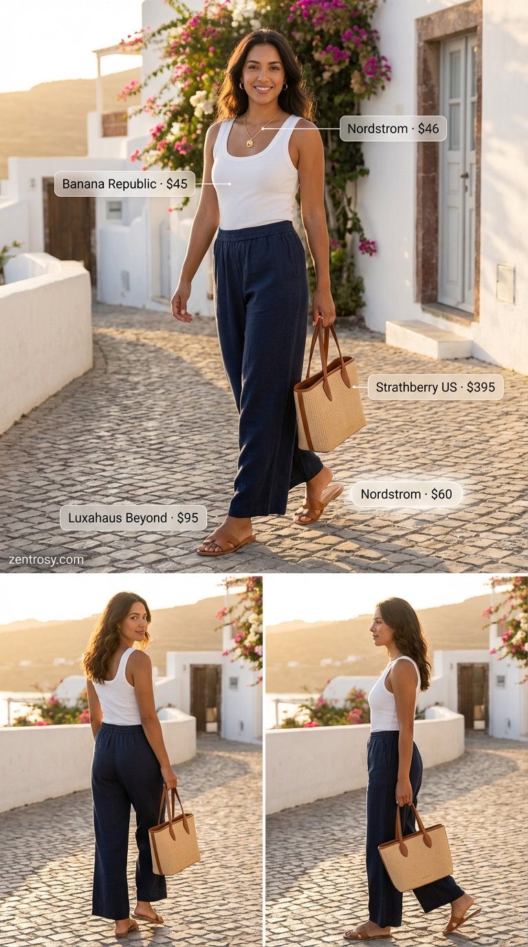 Elegant navy linen wide-leg pants paired with a white ribbed tank for chic summer outfits for tall women, styled for a casual brunch or resort day. Accessorized with tan slides and a straw tote.