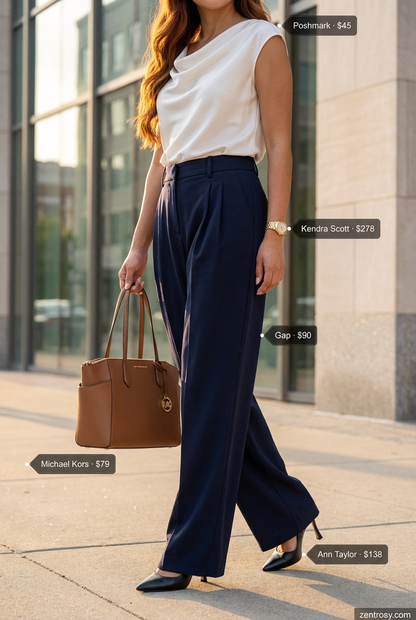 Polished navy wide-leg trousers for chic summer outfits for tall women in a professional office setting. Styled with an ivory silk blouse, black pumps, and a camel work tote.