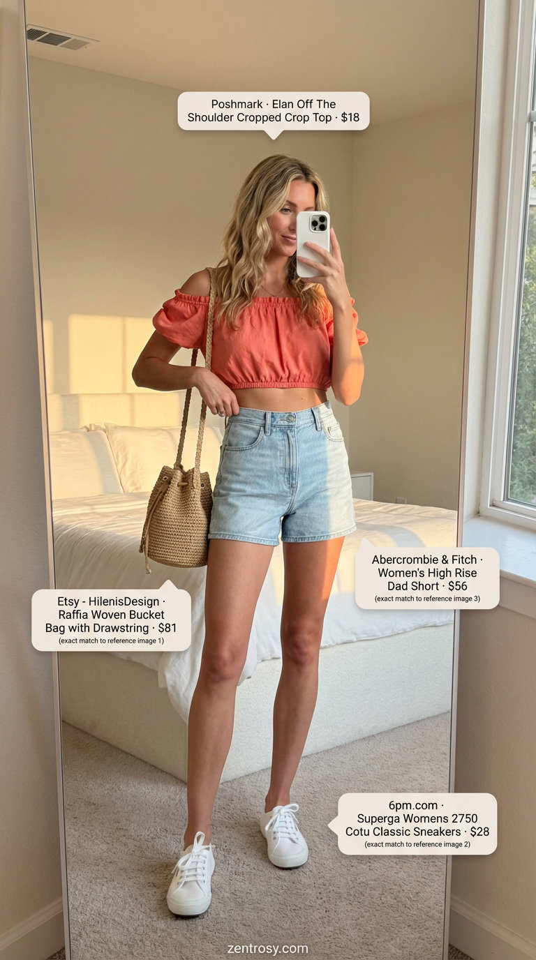 Playful coral off-the-shoulder crop top and distressed denim shorts, ideal summer outfits for tall women. Complemented by white low-top sneakers and a woven crossbody bag for a casual park picnic.
