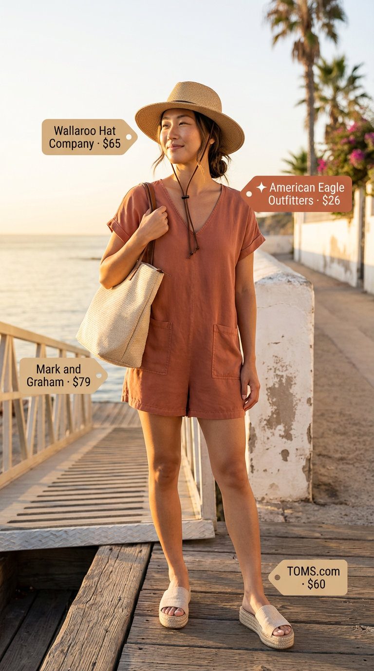 Terracotta linen blend utility romper for comfortable summer outfits for tall women, styled for a relaxed weekend getaway. Accessorized with espadrille sandals and a straw wide-brim hat.
