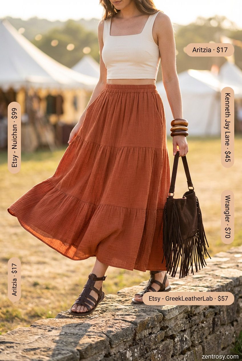 Earthy rust orange tiered maxi skirt with a cream crop top for bohemian summer outfits for tall women, styled with gladiator sandals and a fringed hobo bag.