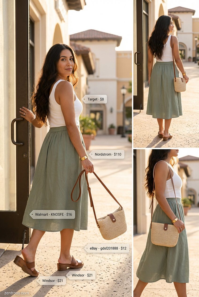 Relaxed sage green A-line midi skirt with a white ribbed tank top for serene summer outfits for tall women, perfect for a resort getaway. Accessorized with wooden sole sandals and a straw crossbody bag.