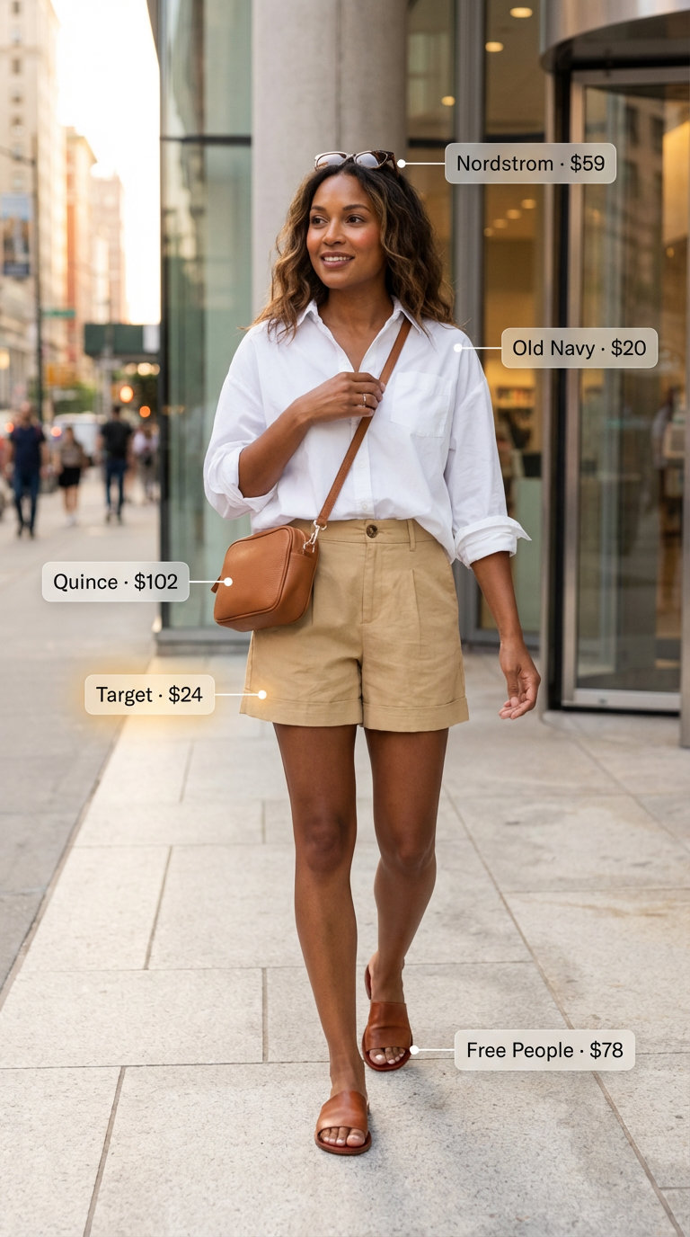 Polished khaki tailored linen shorts with longer inseam and oversized white button-down shirt, practical summer outfits for tall women. Styled with cognac leather slides and a crossbody bag for urban safari chic.