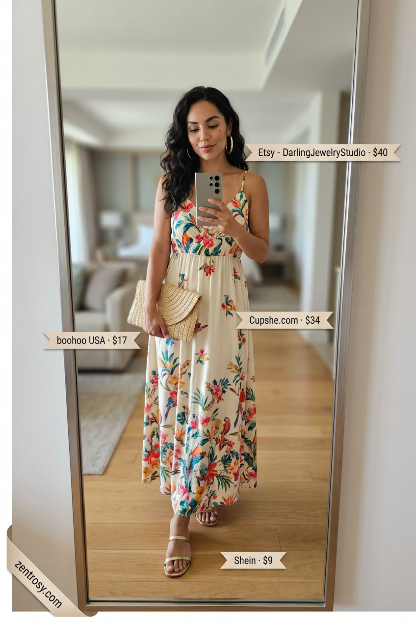 Vibrant tropical print flowy halter neck maxi dress, stunning summer outfits for tall women. Accessorized with gold flat slide sandals, a wicker clutch, and large gold hoop earrings for a glamorous vacation dinner.