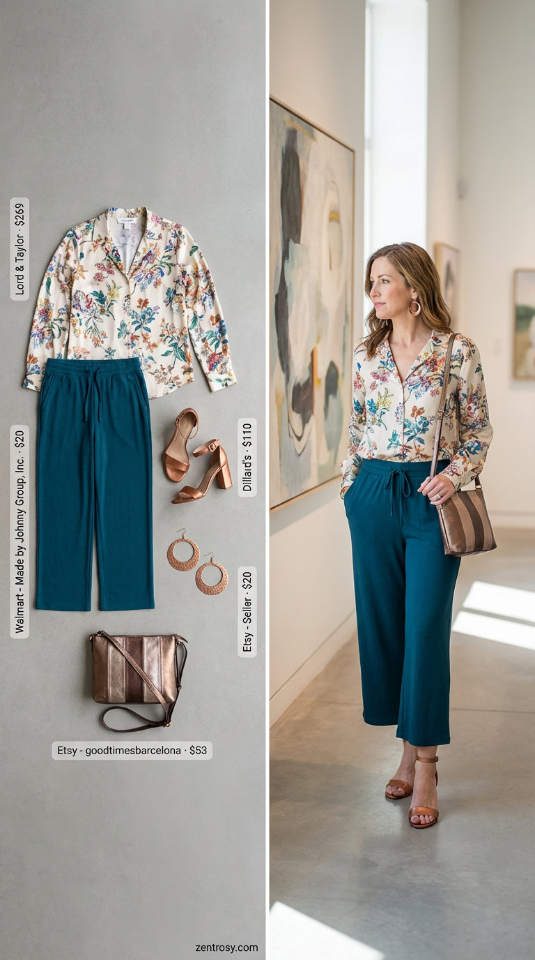 Artful Day Outfits Summer 2026 Artistic deep teal Tencel wide-leg culottes with a cream, teal, and copper print blouse, metallic block heels, for summer outfits for women over 50 2026.
