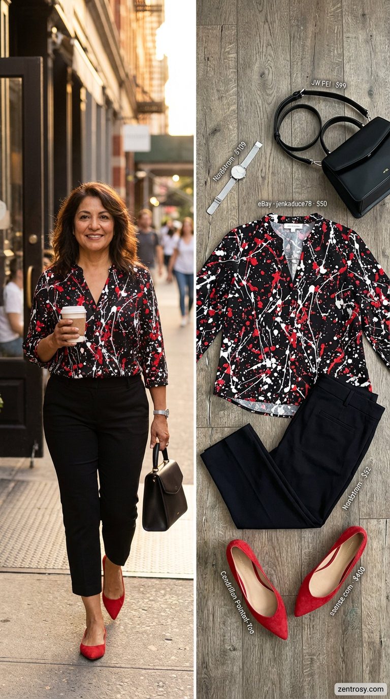 Sophisticated Brunch Outfits 2026 Chic black capri pants with a white, black, and red abstract print silk blend blouse, red ballet flats, perfect for summer outfits for women over 50 2026.