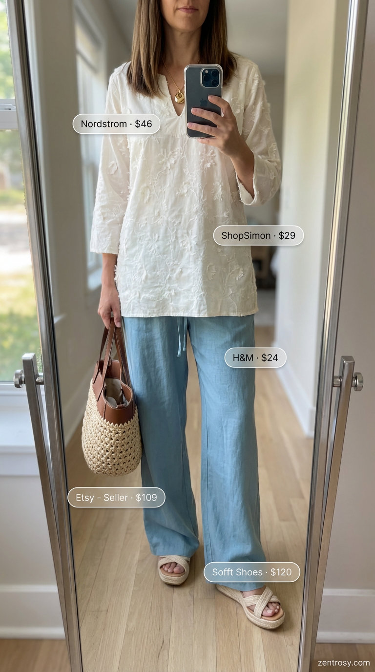 Coastal Linen Summer Outfits 2026 Elegant Azure blue wide-leg linen pants with a cream V-neck tunic, espadrille wedges, and woven straw tote for chic summer outfits for women over 50 2026.