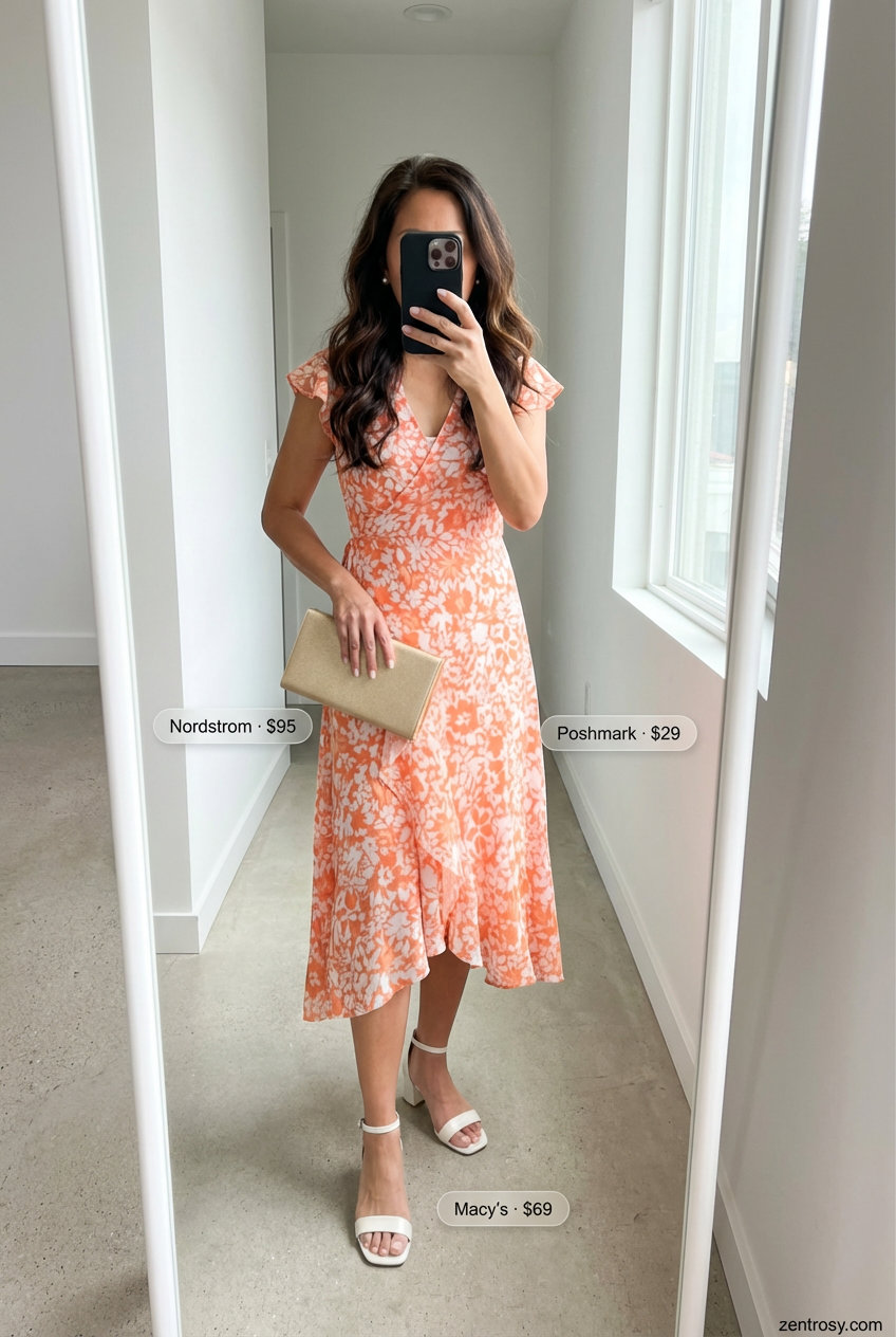 Garden Party Glamour: Summer Outfits for Women Over 50 2026 Chic garden party summer outfit for women over 50, featuring a coral floral print midi wrap dress with ivory sandals and a gold clutch, perfect for daytime events.