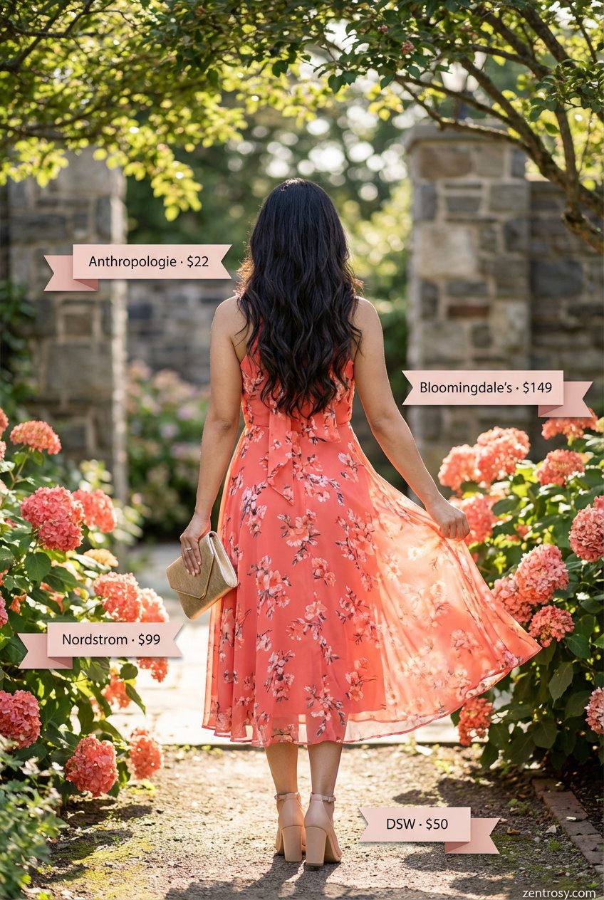 Garden Party Chic: Summer Outfits for Women Over 50 2026 Joyful coral floral print A-line midi dress, a perfect garden party summer outfit for women over 50, paired with nude pink sandals and pearl drop earrings.