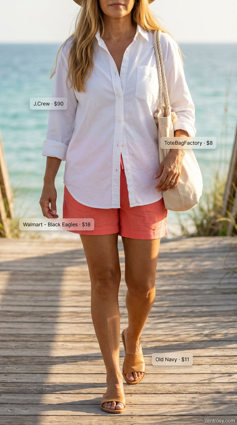 Weekend Retreat: Summer Outfits for Women Over 50 2026 Relaxed weekend retreat summer outfit for women over 50, featuring coral linen blend shorts, an oversized white button-down, and natural tan slide sandals.