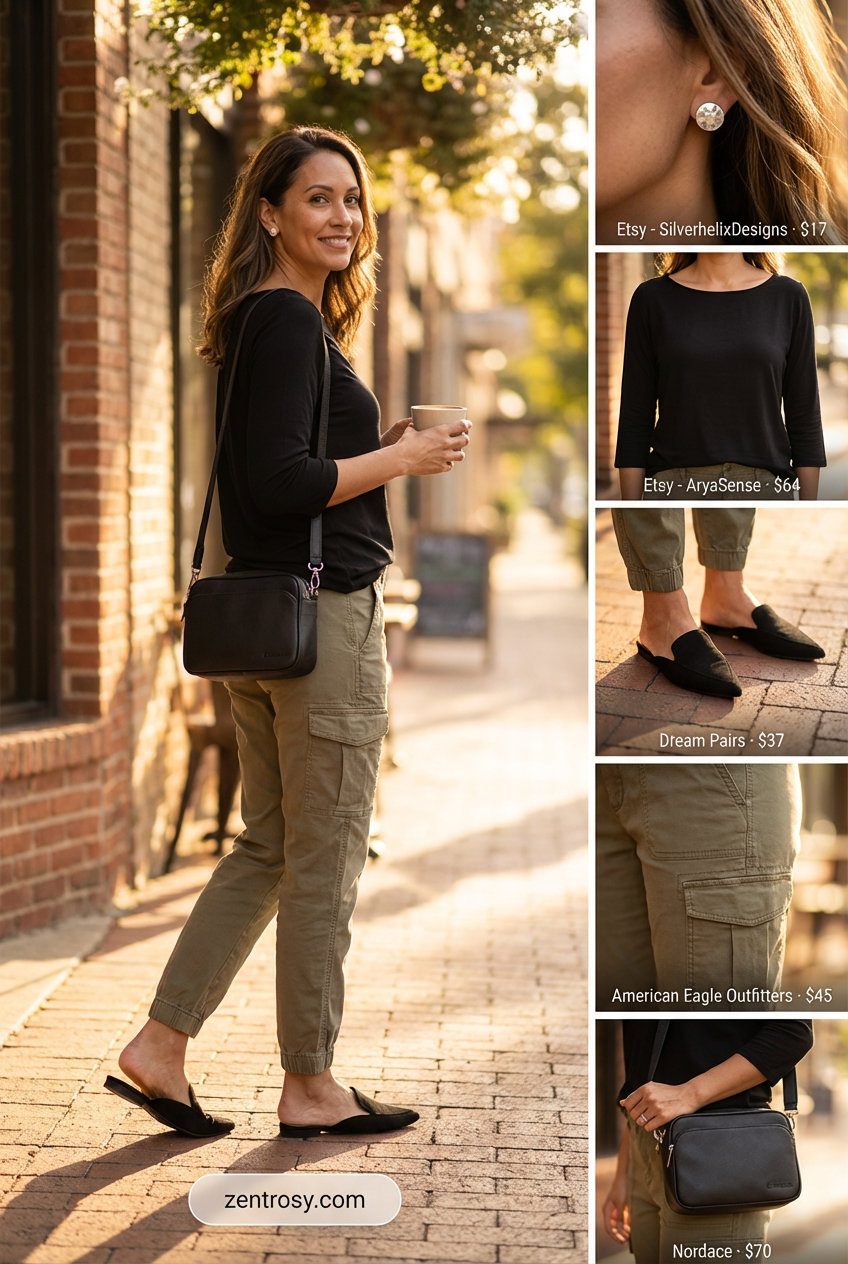 Cozy Evening Summer Outfits 2026 Modern khaki cargo pants styled with a black boat neck top, silver earrings, and flat mules, ideal for summer outfits for women over 50 2026 for a cozy evening get-together.