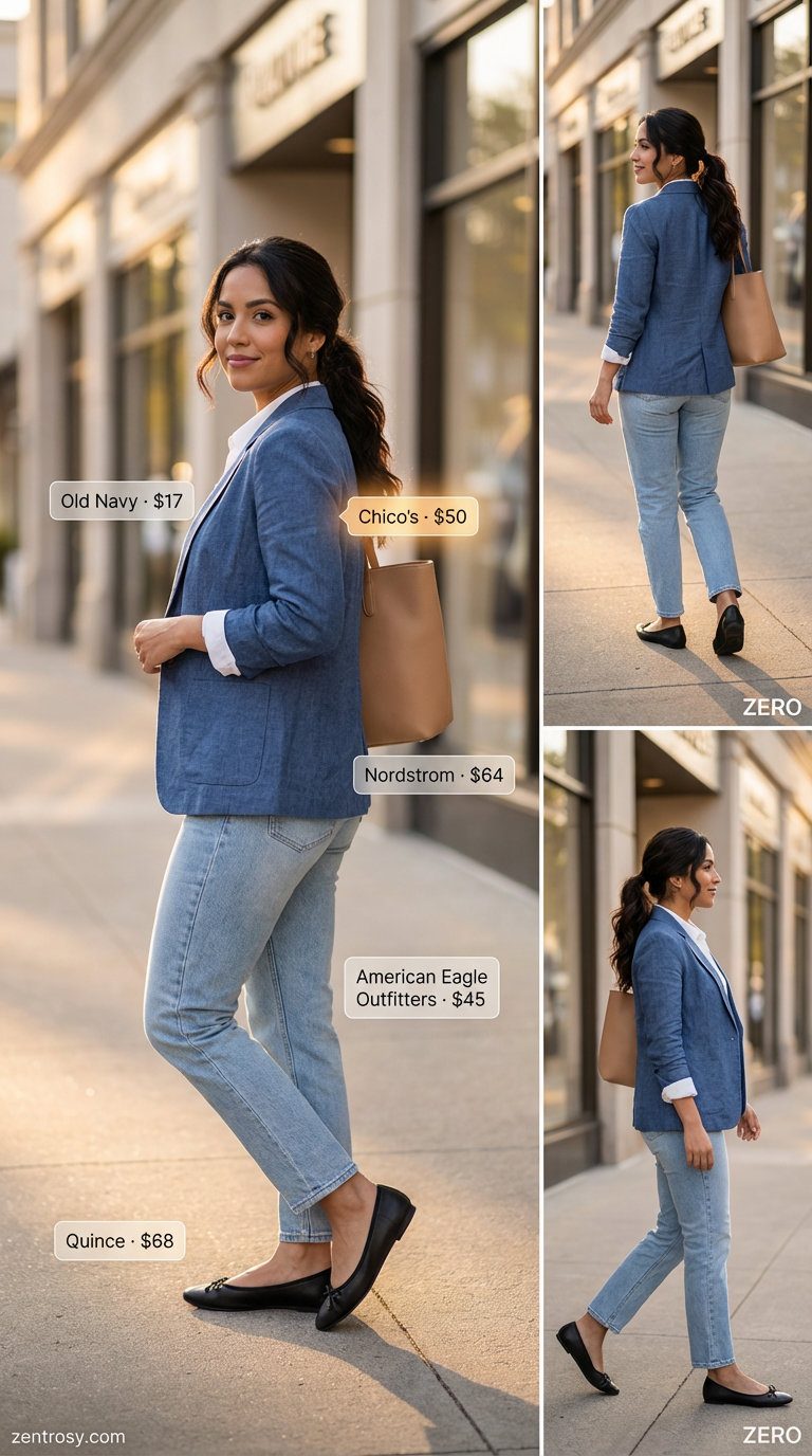 Polished City Explorer: Summer Outfits for Women Over 50 2026 Polished city explorer summer outfit for women over 50: light wash denim jeans, white tailored blouse, navy linen blazer, and comfortable leather ballet flats.