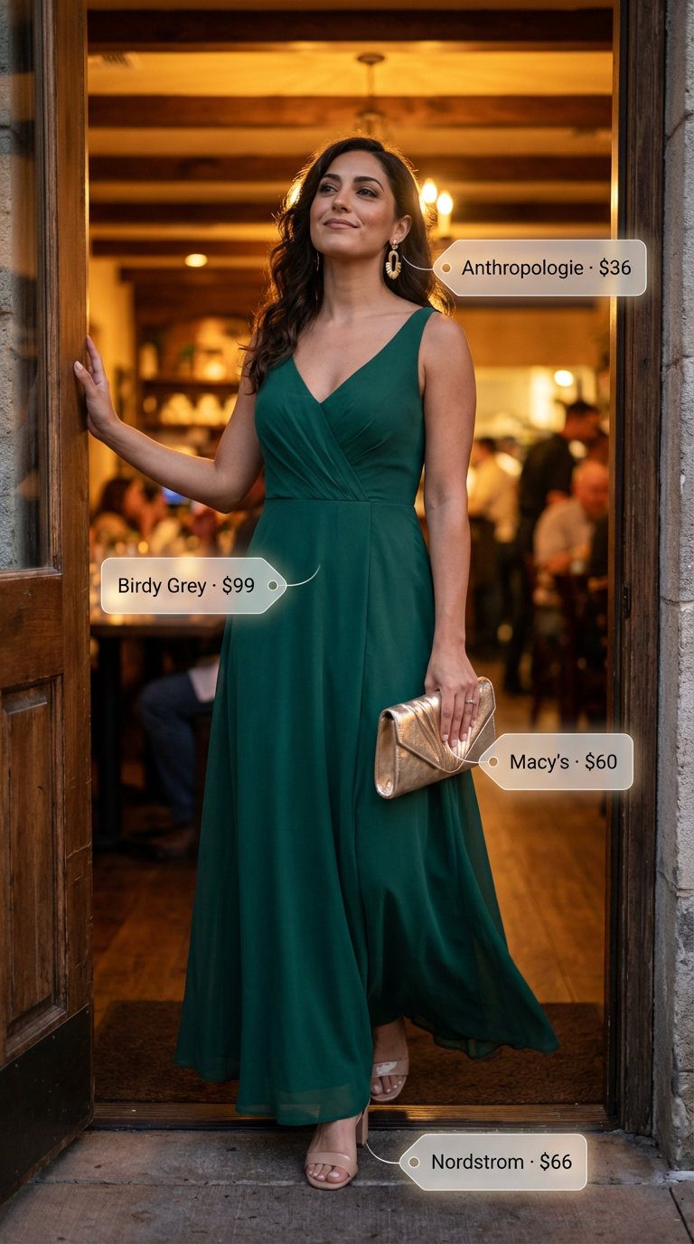 Dinner Date Delight: Summer Outfits for Women Over 50 2026 Elegant emerald green flowy maxi dress, perfect for dinner dates, as a summer outfit for women over 50, accessorized with gold strappy sandals and a clutch.