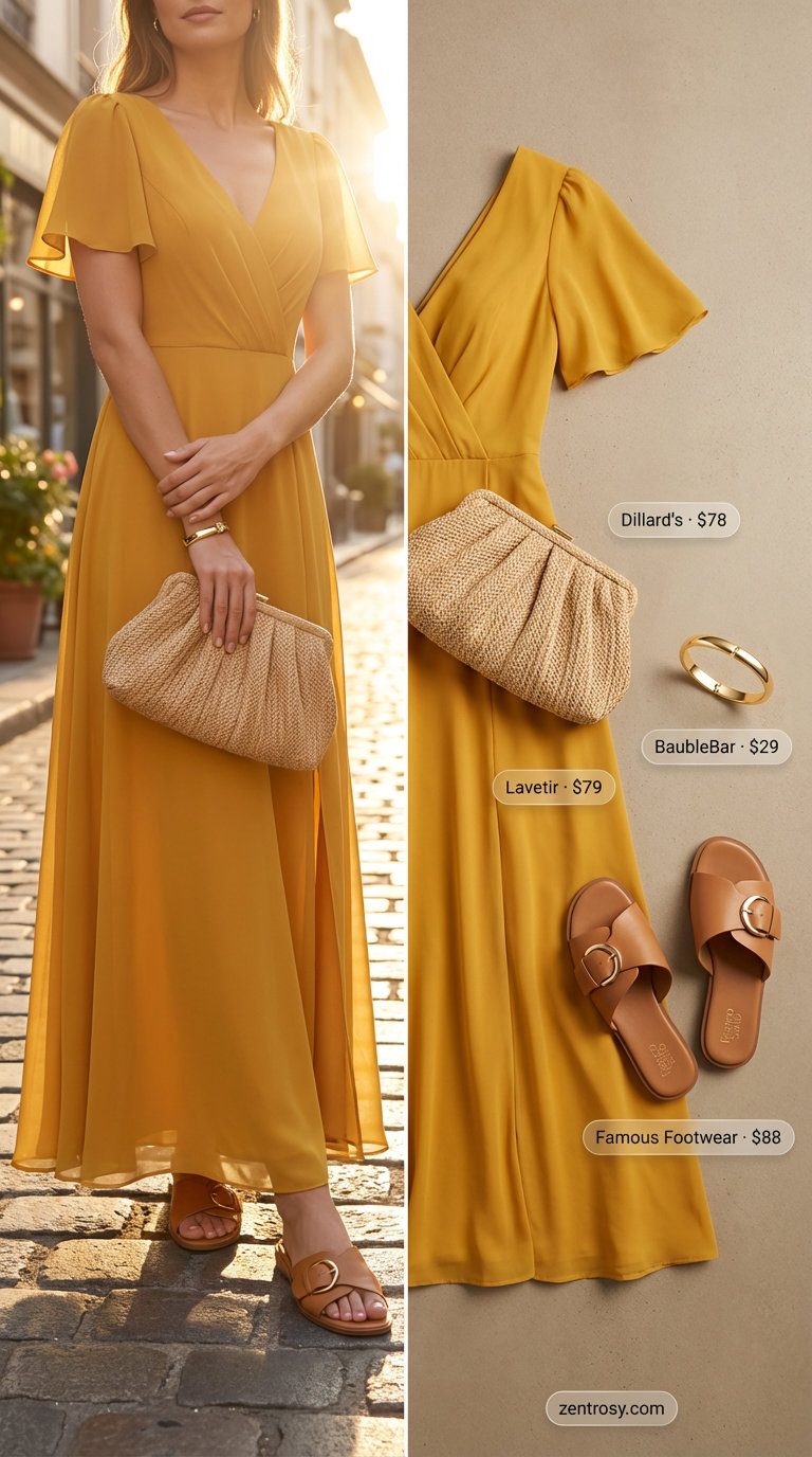 Golden Hour Maxi Summer Outfits 2026 Serene mustard yellow V-neck maxi dress with flat tan leather sandals, a woven raffia clutch, and a gold bangle for summer outfits for women over 50 2026.