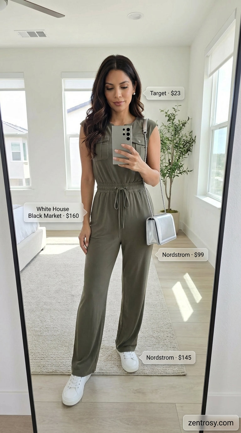 Effortless Jumpsuit Summer Outfits 2026 Modern khaki green utility jumpsuit with white leather sneakers and a metallic silver crossbody, a comfortable option for summer outfits for women over 50 2026.