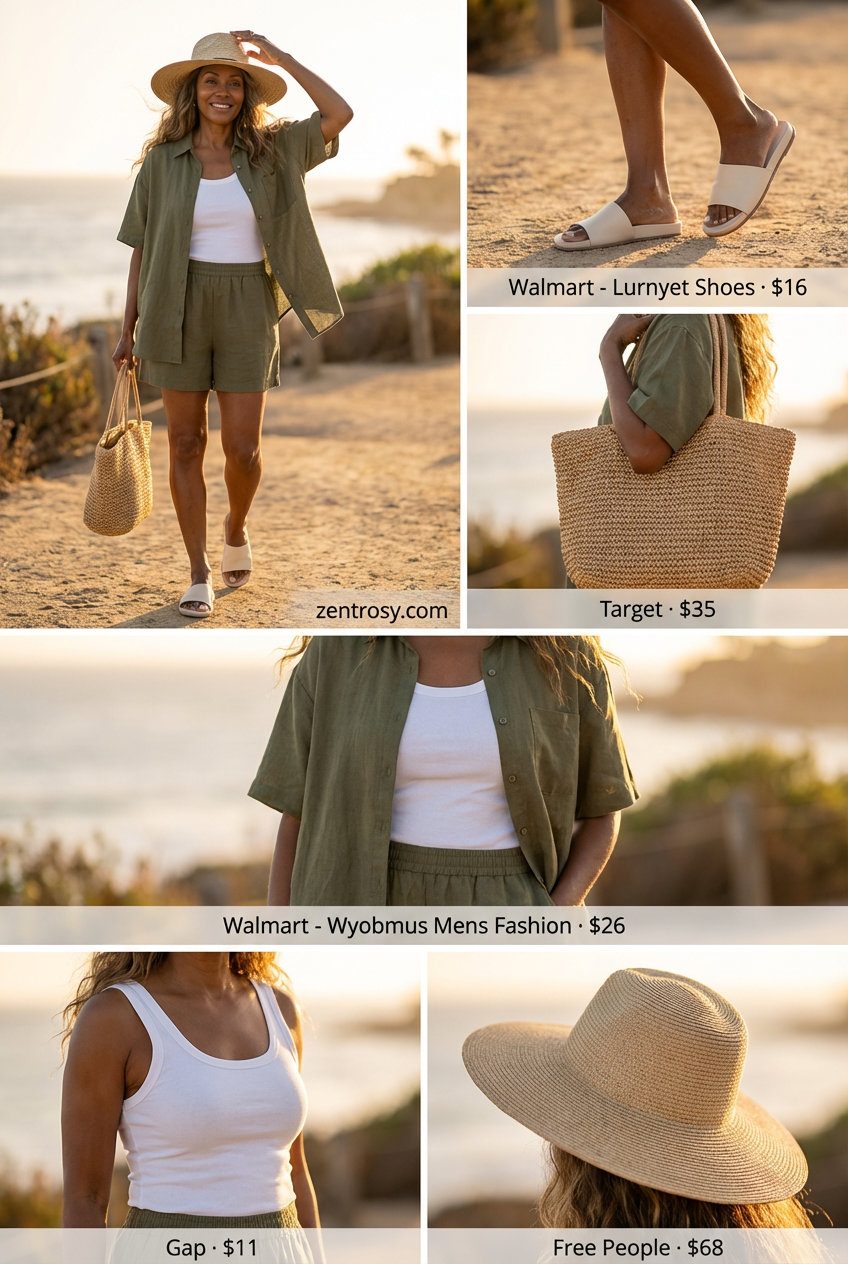 Relaxed Resort Summer Outfits 2026 Chic olive green linen blend two-piece set, perfect for summer outfits for women over 50 2026. Includes white tank, straw hat, slide sandals, and woven tote for a relaxed resort getaway.