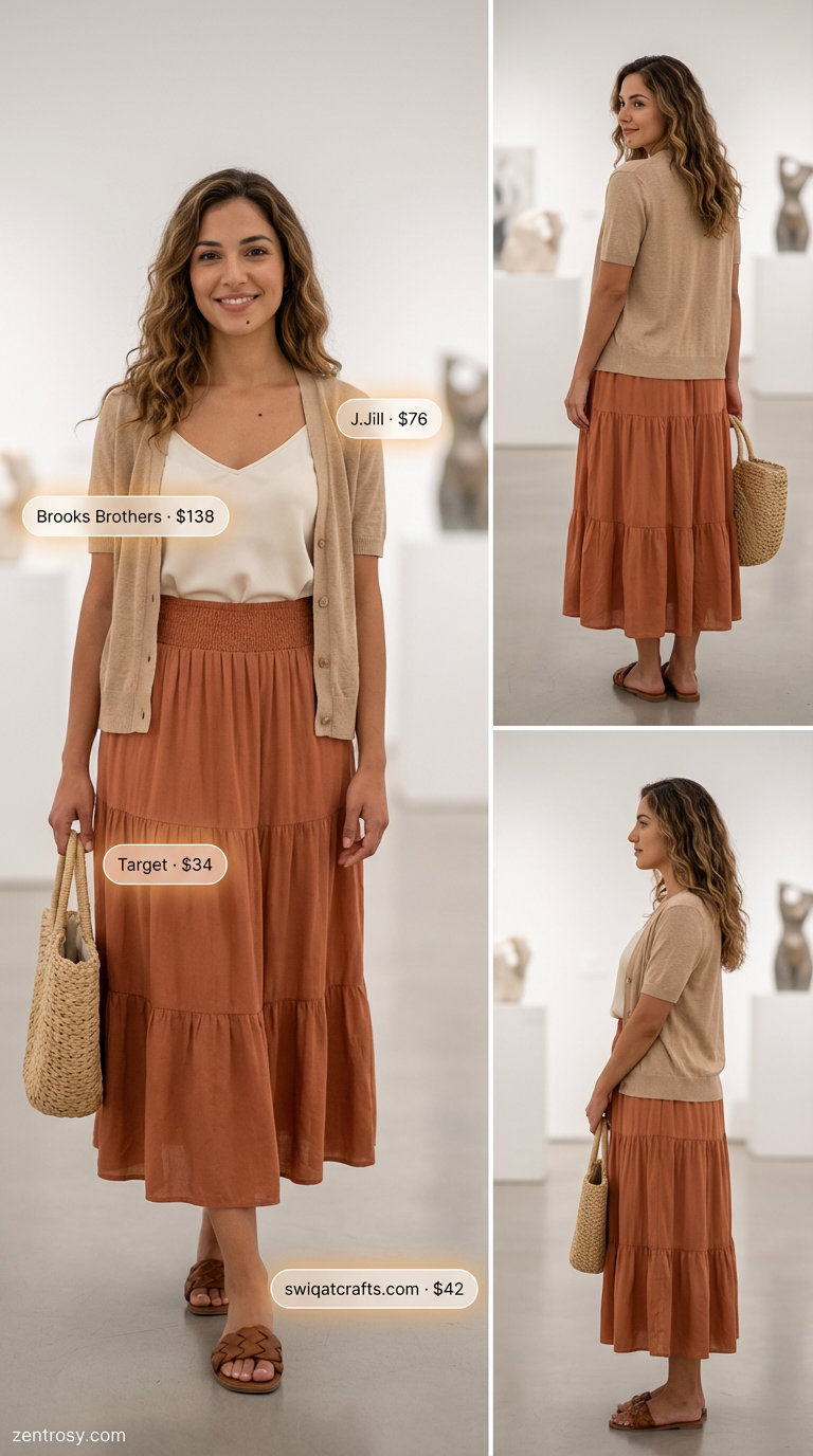 Boho Gallery Style: Summer Outfits for Women Over 50 2026 Artsy terracotta tiered maxi skirt with a cream camisole and linen blend cardigan, a comfortable summer outfit for women over 50, styled for a gallery visit.