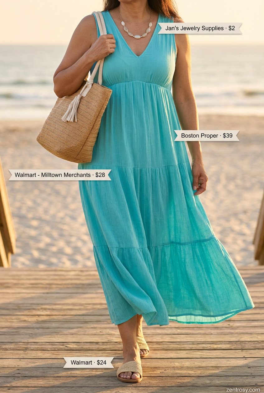 Boho Beach Day: Summer Outfits for Women Over 50 2026 Bohemian beach day summer outfit for women over 50, featuring a turquoise printed tiered maxi dress, woven slide sandals, and a large straw tote bag.