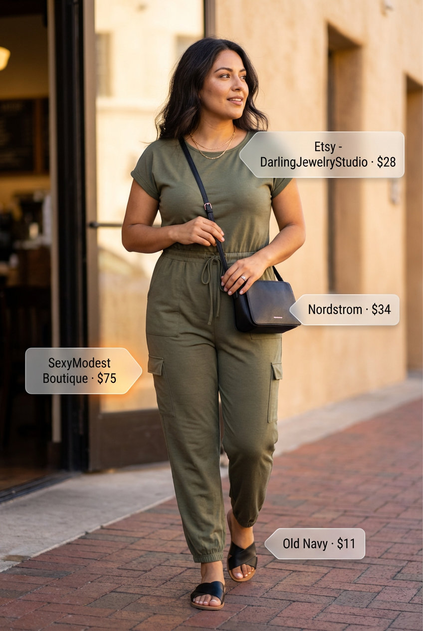 Practical Jumpsuit Summer Outfits 2026 Practical olive green utility jumpsuit with black flat slide sandals and a gold necklace, perfect for easy summer outfits for women over 50 2026.
