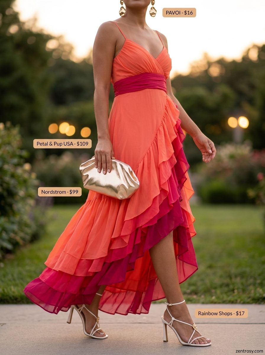 Elegant Hourglass Summer Outfits 2026: Maxi Dress Summer outfits for women with Hourglass Shape 2026: Coral orange maxi dress, gold clutch & sandals for elegant evening events.