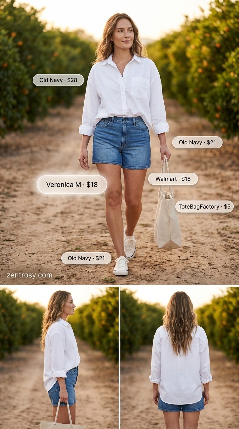 Casual Hourglass Summer Outfits 2026: Denim Shorts Set Summer outfits for women with Hourglass Shape 2026: Denim shorts & oversized shirt for casual beach outings.