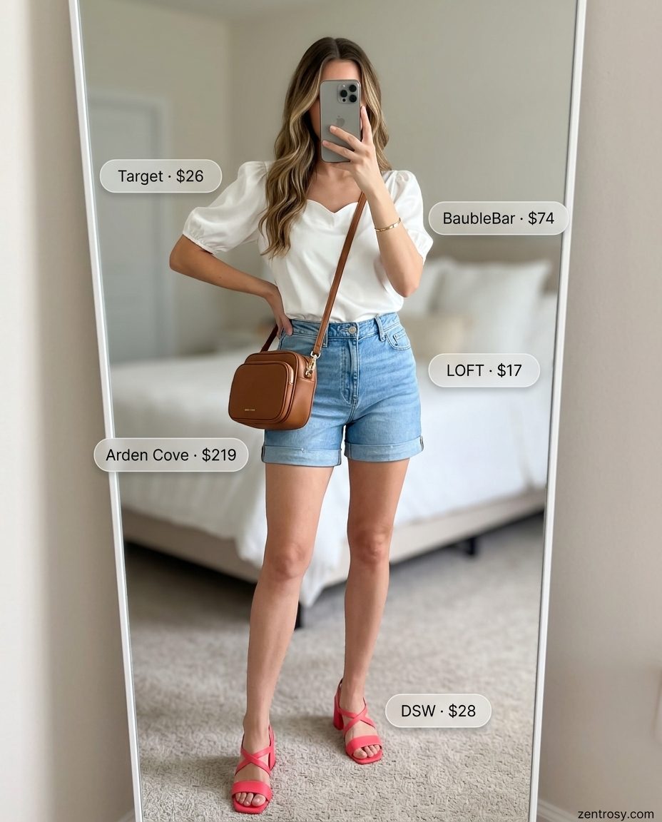Casual Hourglass Summer Outfits 2026: Denim Shorts Summer outfits for women with Hourglass Shape 2026: Denim shorts & white puff-sleeve top for casual weekends.