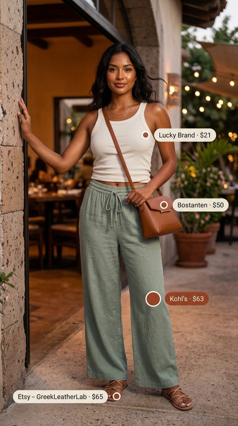 Chic Hourglass Summer Outfits 2026: Linen Pants Summer outfits for women with Hourglass Shape 2026: Sage green linen pants & cream knit top for chic evenings.