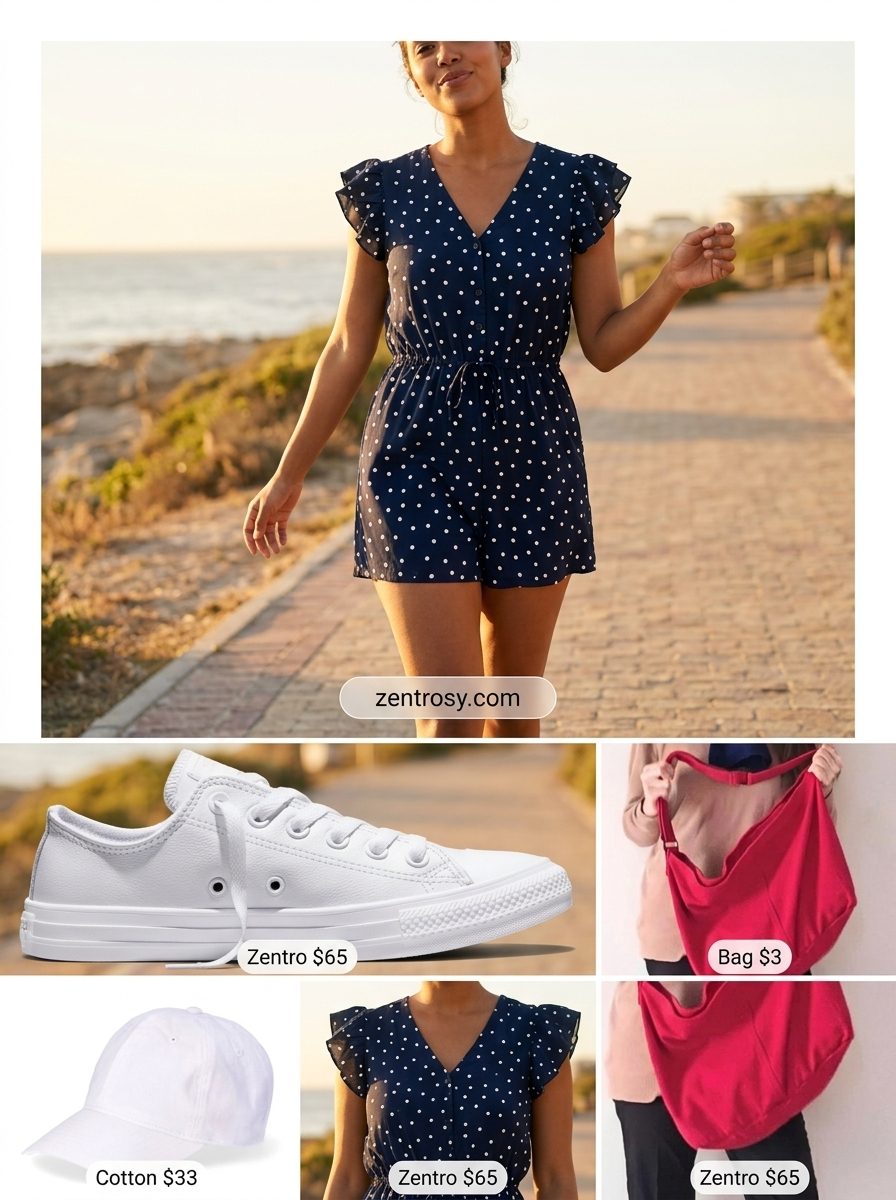 Effortless Hourglass Summer Outfits 2026: Romper Summer outfits for women with Hourglass Shape 2026: Navy polka dot romper with white sneakers for vacation.