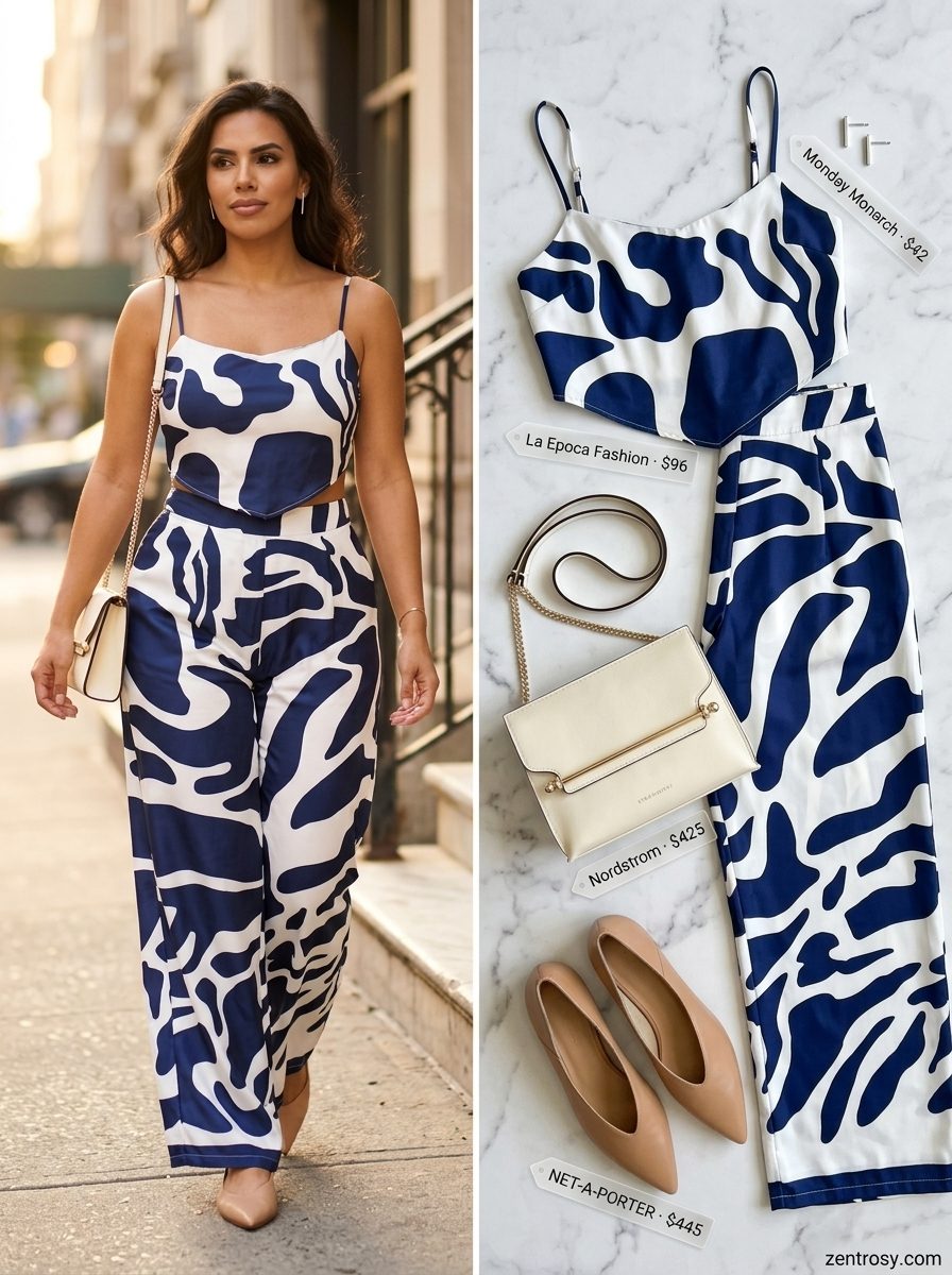 Chic Hourglass Summer Outfits 2026: Print Co-ord Summer outfits for women with Hourglass Shape 2026: Navy & teal print co-ord set for chic daytime events.