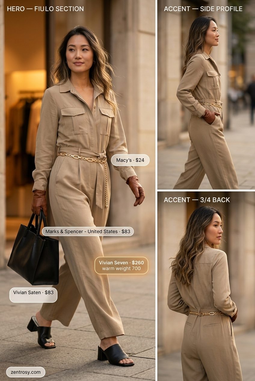 Stylish Hourglass Summer Outfits 2026: Utility Jumpsuit Summer outfits for women with Hourglass Shape 2026: Khaki utility jumpsuit with gold belt for stylish travel.