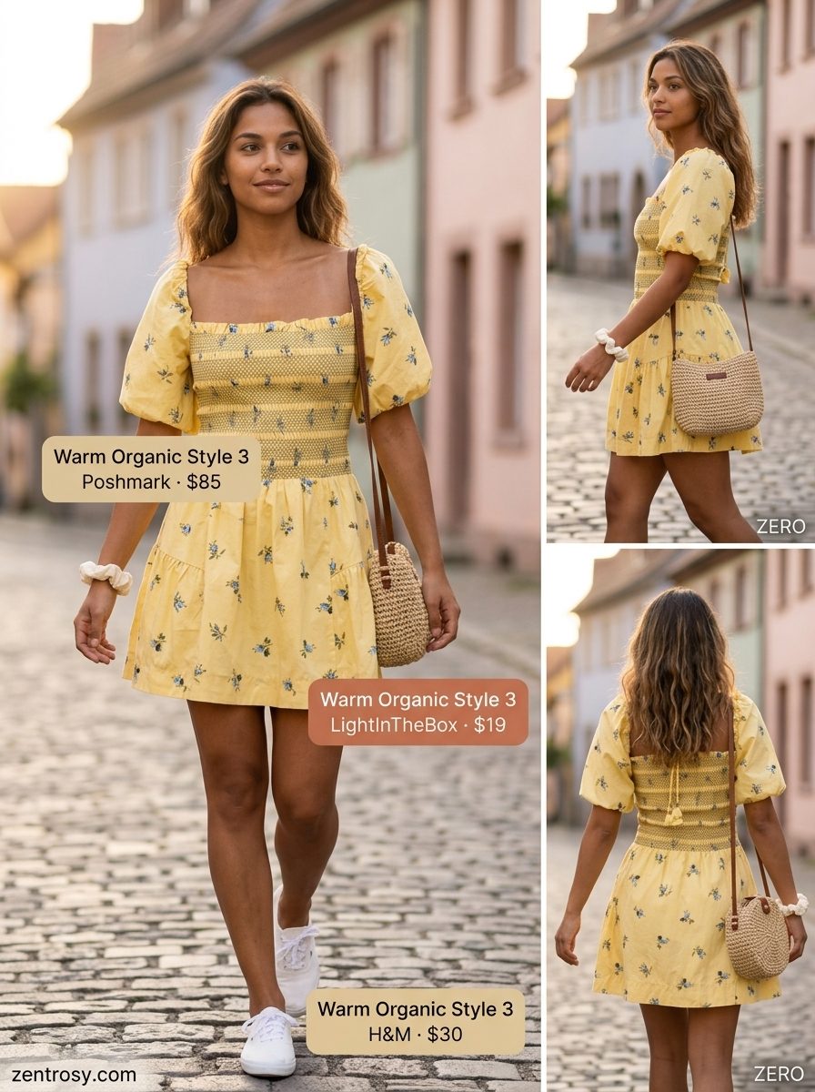 Playful Hourglass Summer Outfits 2026: Mini Sundress Summer outfits for women with Hourglass Shape 2026: Yellow floral mini sundress with white sneakers for beach days.