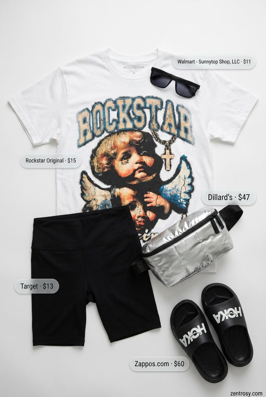 Athleisure & Flat Sandals 2026 Biker shorts with graphic tee & athletic slide sandals for women 2026. Sporty athleisure style.
