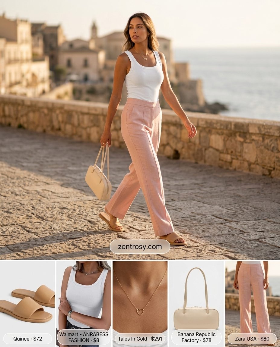Chic Summer Outfits with Flat Sandals for Women 2026 Chic blush pink linen trousers, white tank, and tan flat sandals for summer outfits with flat sandals for women 2026.