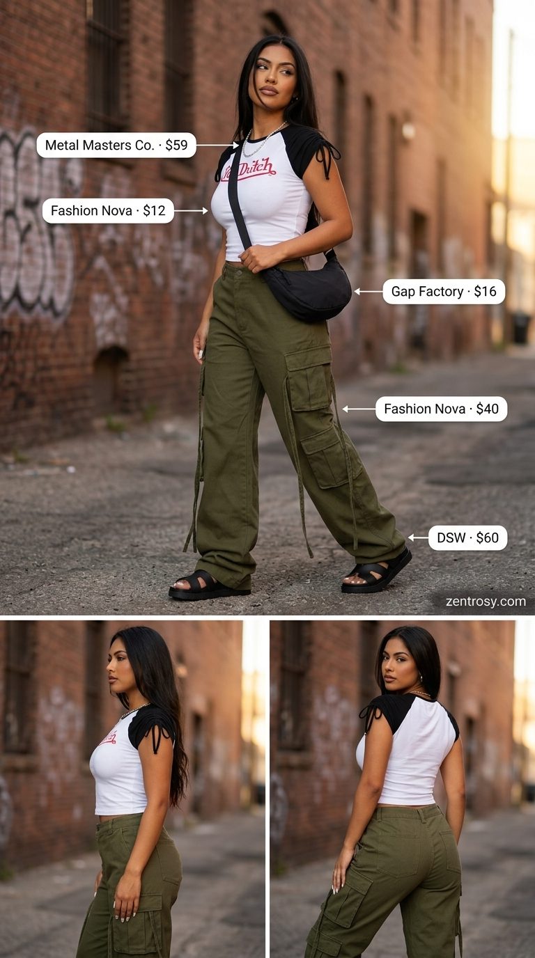 Cargo Pants & Flat Sandals 2026 Olive green cargo pants with graphic tee & chunky flat sandals for women 2026. Retro casual look.