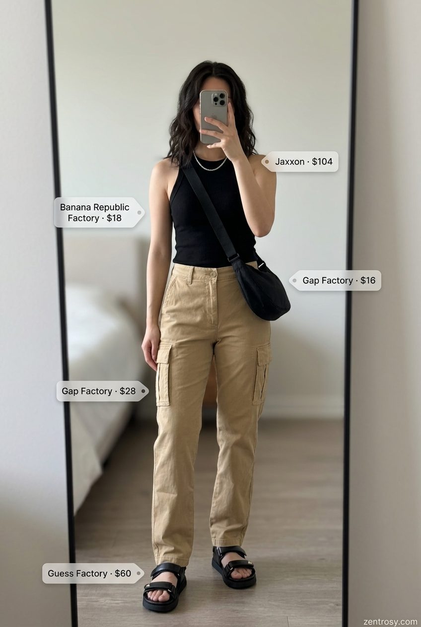 Casual Cargo Comfort: Summer Outfits 2026 Khaki cargo pants with black tank and chunky flat sandals, summer outfits with flat sandals for women 2026. Edgy casual style.