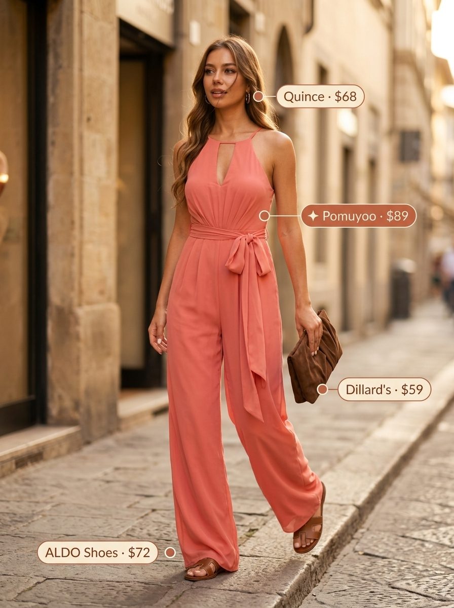 Coral Jumpsuit & Flat Sandals 2026 Coral wide-leg jumpsuit with flat slide sandals for women 2026. Chic for summer parties & casual days.