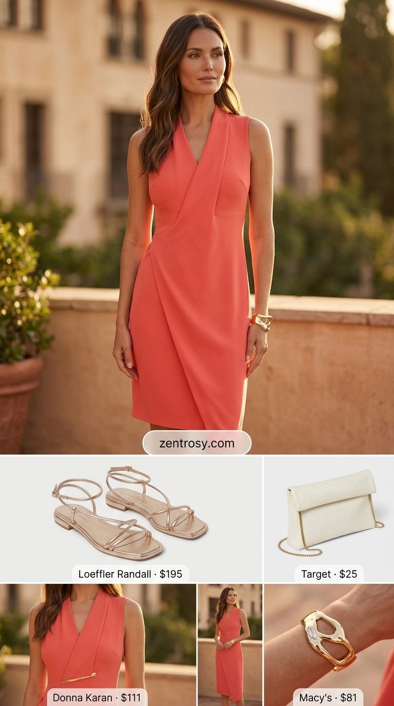 Sunset Cocktail Sheath: Summer Outfits 2026 Coral sheath dress with gold flat sandals for summer outfits with flat sandals for women 2026. Elegant evening style.
