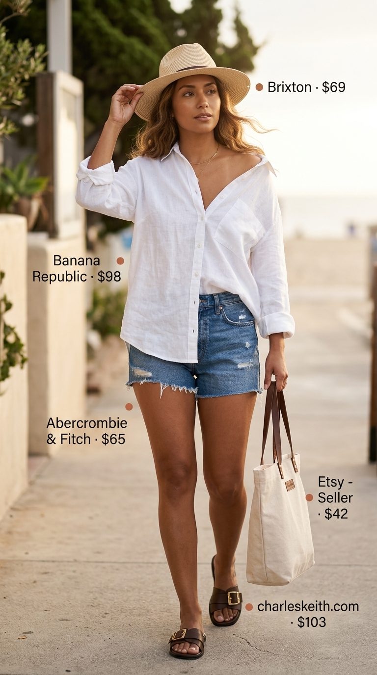 Casual Cool Denim Shorts: Summer Outfits 2026 Denim shorts with linen shirt and leather slides, summer outfits with flat sandals for women 2026. Effortless beach style.