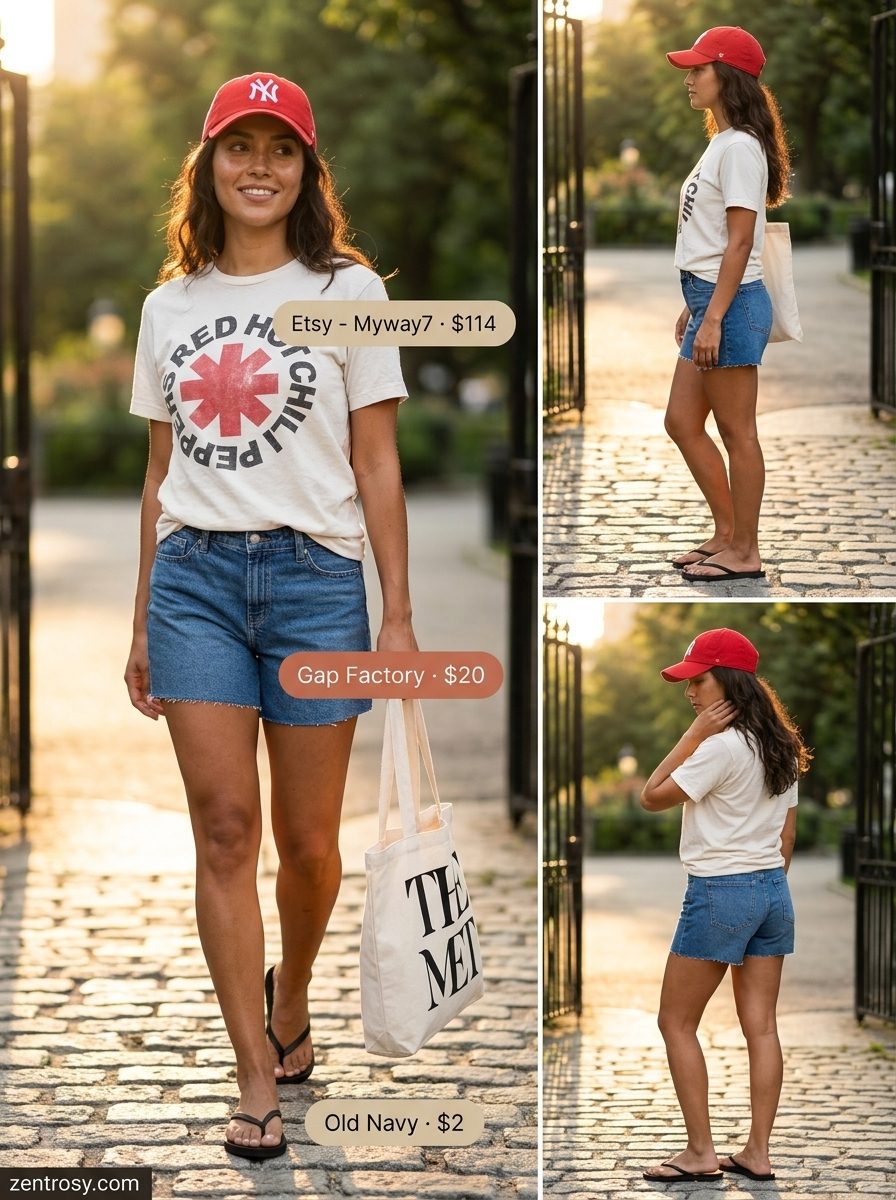 Weekend Wanderer Shorts: Summer Outfits 2026 Denim shorts with graphic tee and flip-flops, summer outfits with flat sandals for women 2026. Casual weekend look.
