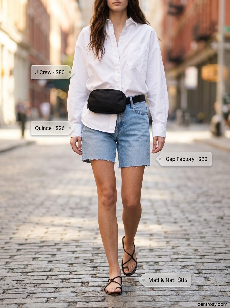 Denim Shorts & Flat Sandals 2026 Denim shorts with oversized shirt & flat slide sandals for women 2026. Cool urban explorer style.