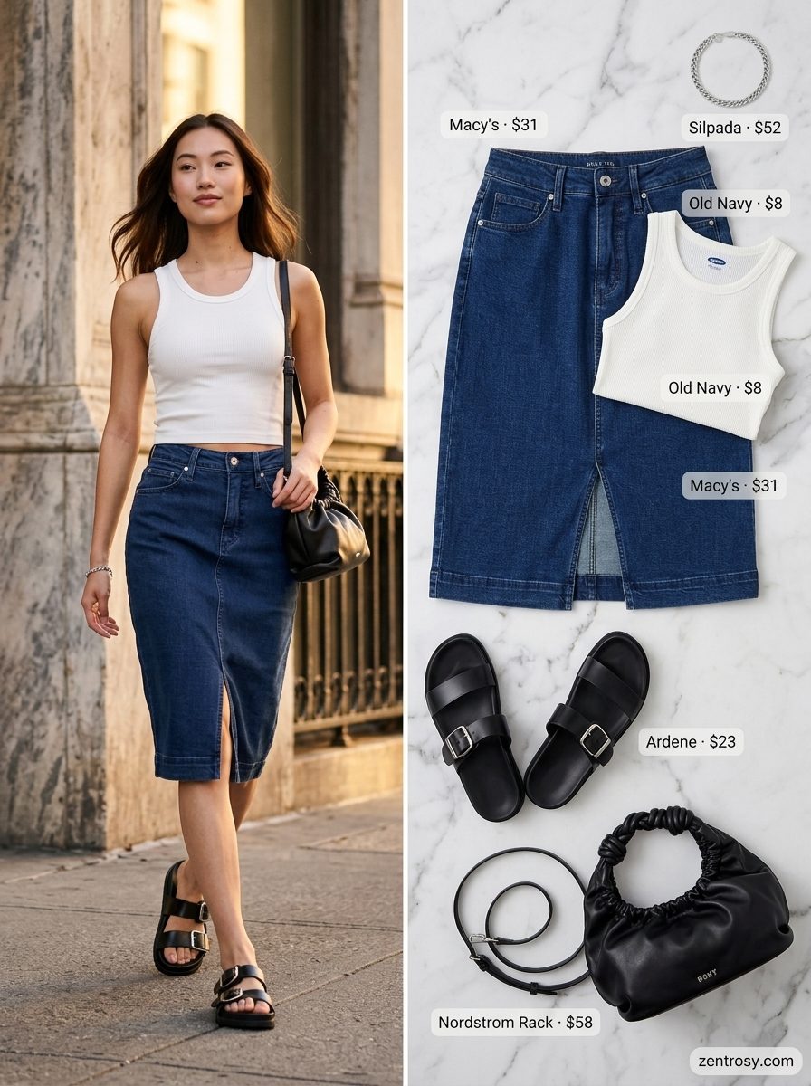 Denim Skirt & Flat Sandals 2026 Denim midi skirt with ribbed tank & chunky flat sandals for women 2026. Edgy casual date outfit.