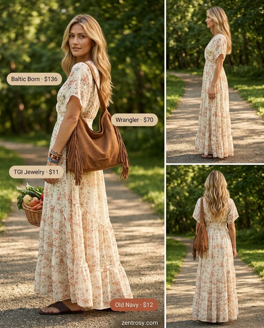 Boho Maxi Dress & Flat Sandals 2026 Teal floral maxi dress with flat thong sandals for women 2026. Bohemian festival style.