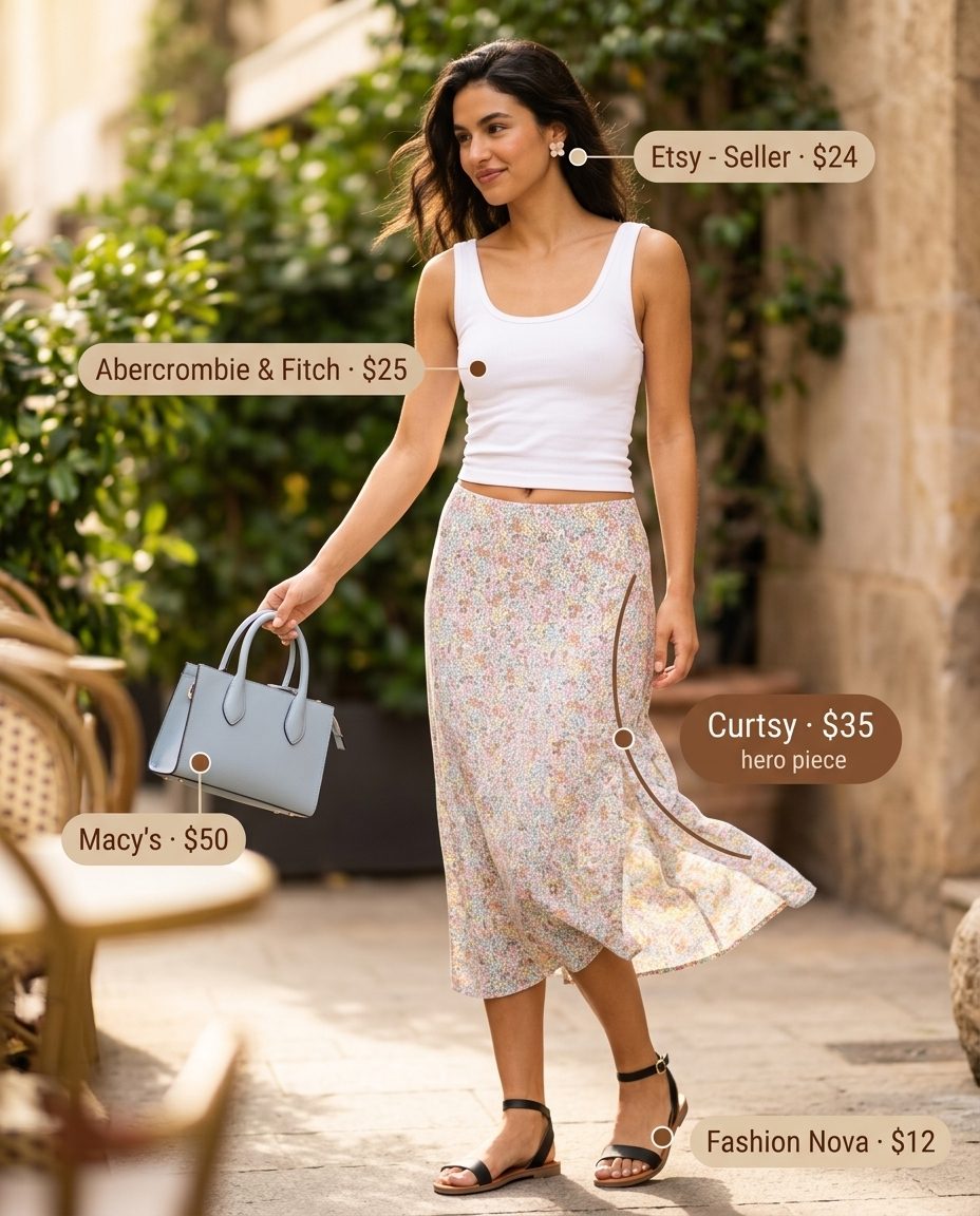 Brunch Summer Outfits with Flat Sandals for Women 2026 Feminine floral midi skirt, white tank, and pale blue crossbody for summer outfits with flat sandals for women 2026.